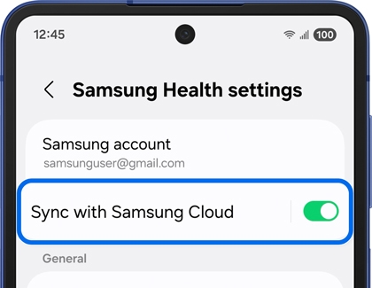 Samsung Health settings screen showing Sync with Samsung Cloud toggled on.
