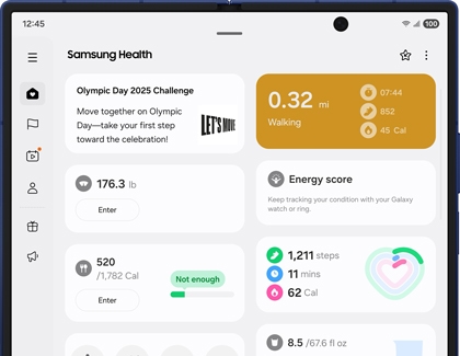 Samsung Health home screen on the Galaxy Z Fold7 showing activity stats including steps, calories, heart rate and energy score.