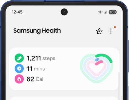Samsung Health dashboard showing step count, activity time, and calories burned.