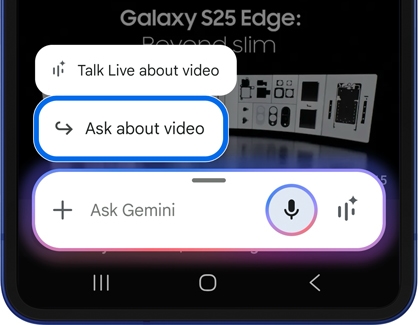 Ask Gemini button active on the Galaxy Z Flip7 while showing options to talk live or ask about a video.