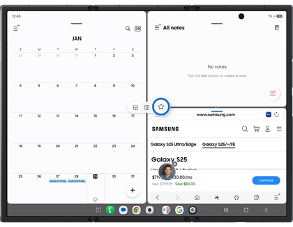 A multi-window view on an unfolded Galaxy Z TriFold with the star icon on the divider highlighted in a blue circle.