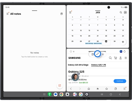 A split-screen view on an unfolded Galaxy Z TriFold with the Expand icon on a pop-up window highlighted in a blue circle.