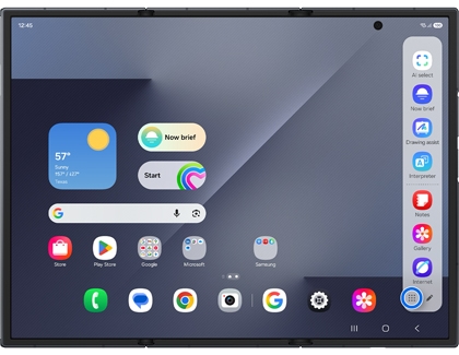 The Home screen of an unfolded Galaxy Z TriFold with the Apps icon in the edge panel highlighted in a blue circle.