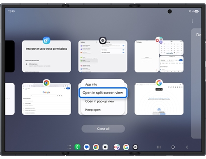 The Recent apps screen on an unfolded Galaxy Z TriFold with Open in split screen view highlighted in a blue box.