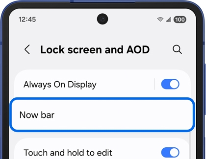 Now bar option highlighted in the Lock screen and AOD settings on the Galaxy Z Flip7.