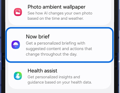 Settings screen on Galaxy Z Flip7 showing the Now brief option highlighted under AI features.