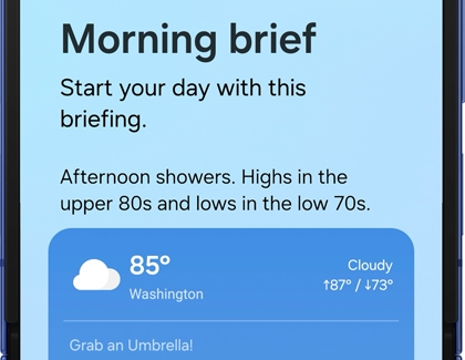 Morning brief card displayed on Galaxy Z Flip7 screen with weather information for Washington.