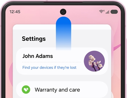 A Galaxy phone screen showing Settings in a pop up window with a blue shape highlighting the top edge of the window gesturing a drag motion.