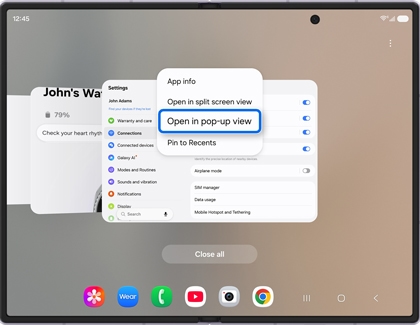 A Galaxy Z Fold8 screen displaying recent apps with Open in pop-up view highlighted in blue.