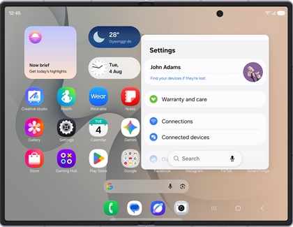 A Galaxy Z Fold8 screen displaying the Settings app opened in a floating pop-up window over the home screen.