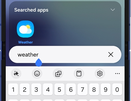 Search results in the app drawer showing the Weather app on the Galaxy Z Flip7.