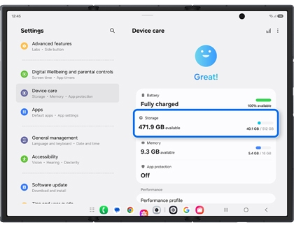 The Device care menu on an unfolded Galaxy Z TriFold main screen with Storage space details highlighted in a blue box.