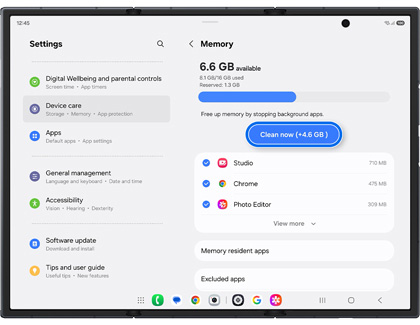 The Memory settings on an unfolded Galaxy Z TriFold main screen with the Clean now button highlighted in a blue box.