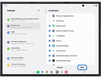 A list of apps on an unfolded Galaxy Z TriFold main screen with several selected and the Add button highlighted in a blue box.
