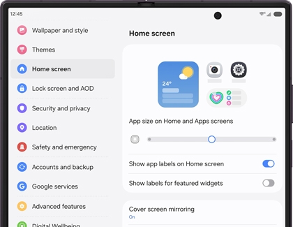 A Galaxy Z Fold showing the settings menu with Home screen selected and App size on Home and Apps screens displayed.