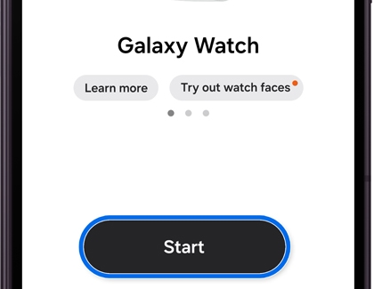 A Galaxy phone screen showing a Galaxy Watch banner with a Start button highlighted at the bottom.