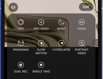 Galaxy Z Flip7 showing expanded camera mode options including Pro, Night, Food, Panorama, and Single Take.