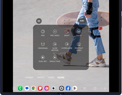 Camera modes menu on the Galaxy Z Fold7 showing Pro, Night, Panorama, Slow Motion, and other shooting options.