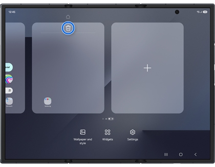 Home screen editing interface on an unfolded Galaxy Z TriFold with a trash can icon highlighted in a blue circle.