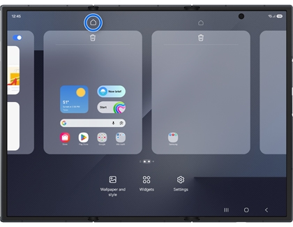 Home screen editing interface on an unfolded Galaxy Z TriFold with a home icon highlighted in a blue circle.