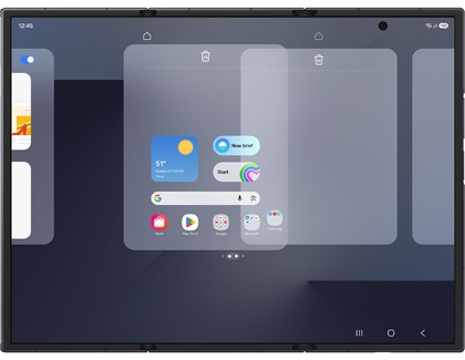 Home screen editing interface on an unfolded Galaxy Z TriFold showing a home screen panel being moved.
