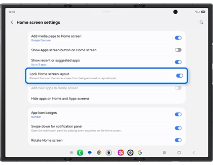 Home screen settings on an unfolded Galaxy Z TriFold with Lock Home screen layout highlighted in blue.