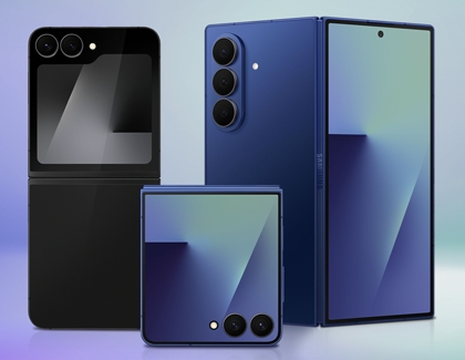 Galaxy Z Flip7, Galaxy Z Flip7 FE, and Galaxy Z Fold7 in black and blue shown folded and unfolded.