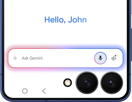 Cover screen of a Galaxy Z Flip7 showing the Gemini assistant interface with a voice input button.