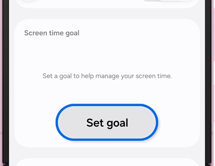 A Galaxy phone screen showing Screen time goal options with a Set goal button highlighted.