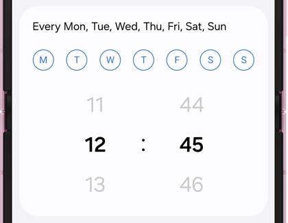 A Galaxy phone screen showing days of the week selected and a time picker set to twelve forty five.