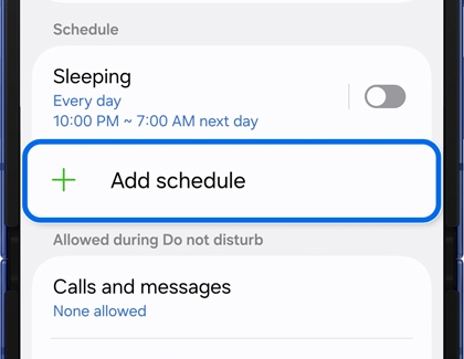 Do not disturb schedule options on the Galaxy Z Flip7 showing Add schedule.