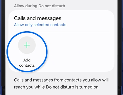 Do not disturb settings on the Galaxy Z Flip7 showing Add contacts under Calls and messages.