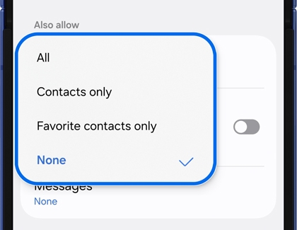 Do not disturb settings on the Galaxy Z Flip7 showing allowed callers menu with options for All, Contacts only, Favorite contacts only, or None.