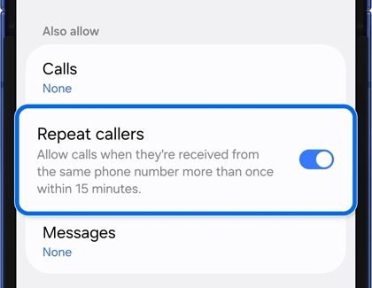 Do not disturb settings on the Galaxy Z Flip7 showing Repeat callers option enabled.