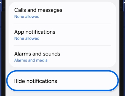 Do not disturb settings on the Galaxy Z Flip7 with Hide notifications highlighted.
