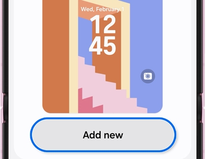 A Galaxy Z Flip displaying the Add new button highlighted on the lock screen setup page.