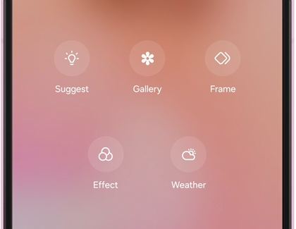 Galaxy device screen showing wallpaper options including Suggest, Gallery, Frame, Effect, and Weather.