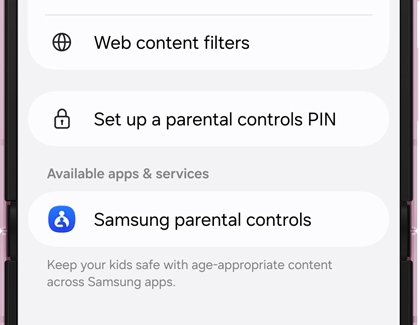 A Galaxy phone screen showing parental control options including Web content filters, Set up a parental controls PIN, and Samsung parental controls.