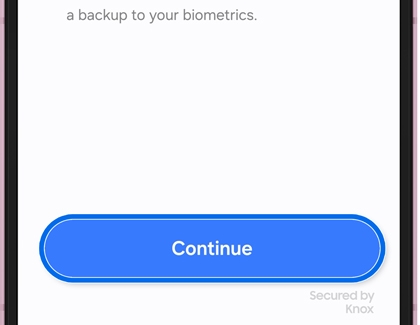 The Continue button highlighted at the bottom of the Fingerprints start screen.