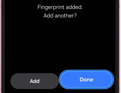 Fingerprint added screen with the Done button highlighted.
