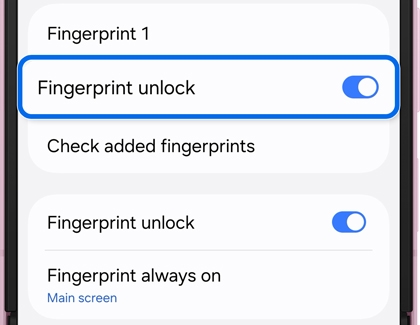 Fingerprint settings section with the Fingerprint unlock switch highlighted. 