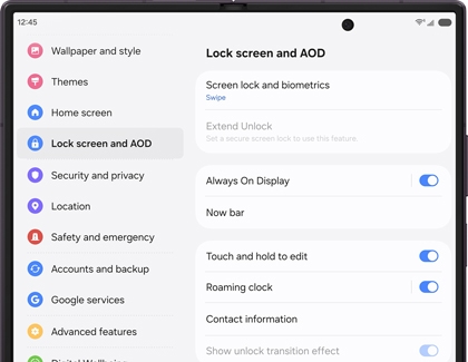 A Galaxy Z Fold showing the Lock screen and AOD settings page with Always On Display turned on.