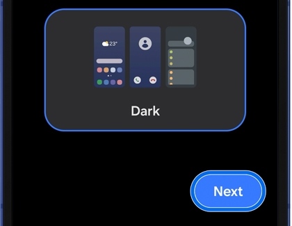 Dark mode option selected during Galaxy phone setup, showing interface previews and the Next button.
