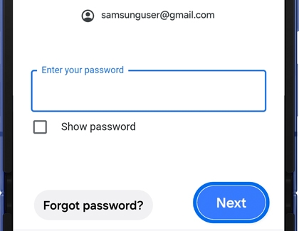 Password entry screen during phone setup showing the email address field, password box, and navigation options like Show password and Forgot password.