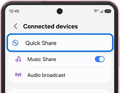 Connected devices menu screen with Quick Share highlighted.