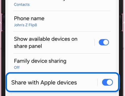 Quick Share menu screen with the Share with Apple devices toggle turned on under Nearby sharing settings.