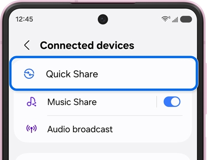 Connected devices menu screen with Quick Share highlighted.