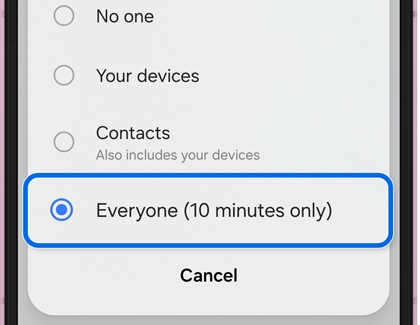 Nearby sharing settings with Everyone (10 minutes only) selected in the pop up menu.
