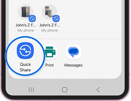 Galaxy device screen showing a share menu with a photo selected for sharing with the Quick Share icon highlighted.