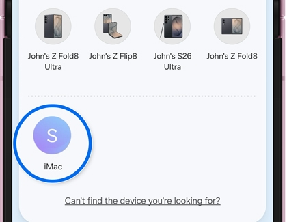 Quick Share app screen showing a sharing menu with available target devices including an apple device.